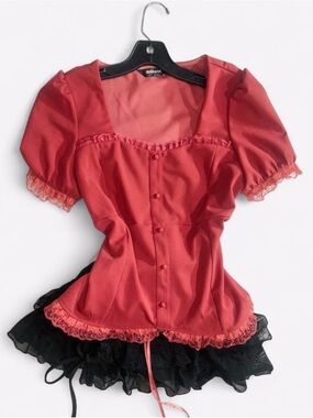 Allegra K Coral Red Puff Sleeve Button-Front Blouse